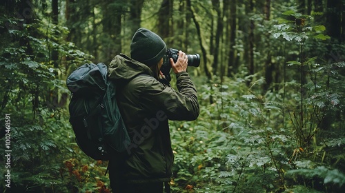 A millennial photographer capturing wildlife photos in a dense forest