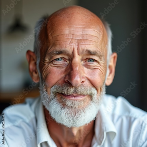 Smiling elderly man close-up portrait indoors 