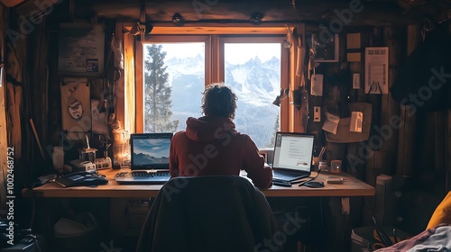 A millennial freelancer working remotely from a rustic mountain cabin