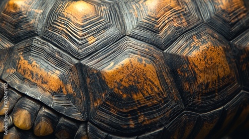   A close-up of a tortoise shell with a yellow spot on its top photo