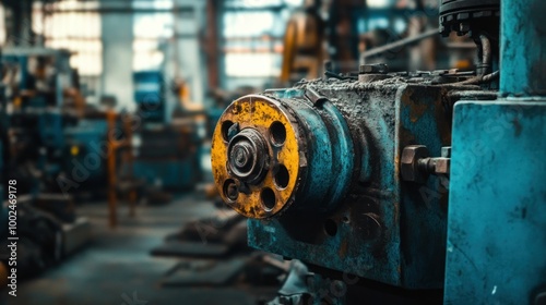 Close-up of a Rusty Yellow and Blue Industrial Machine