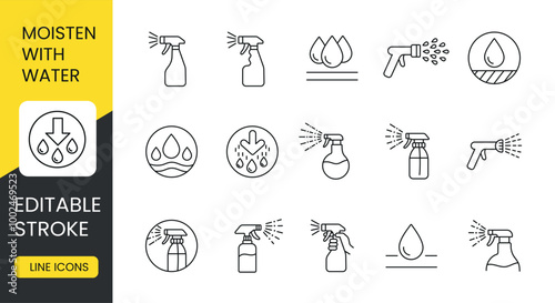 Wet with water or moisten before using mounting foam, vector line icon set with editable stroke