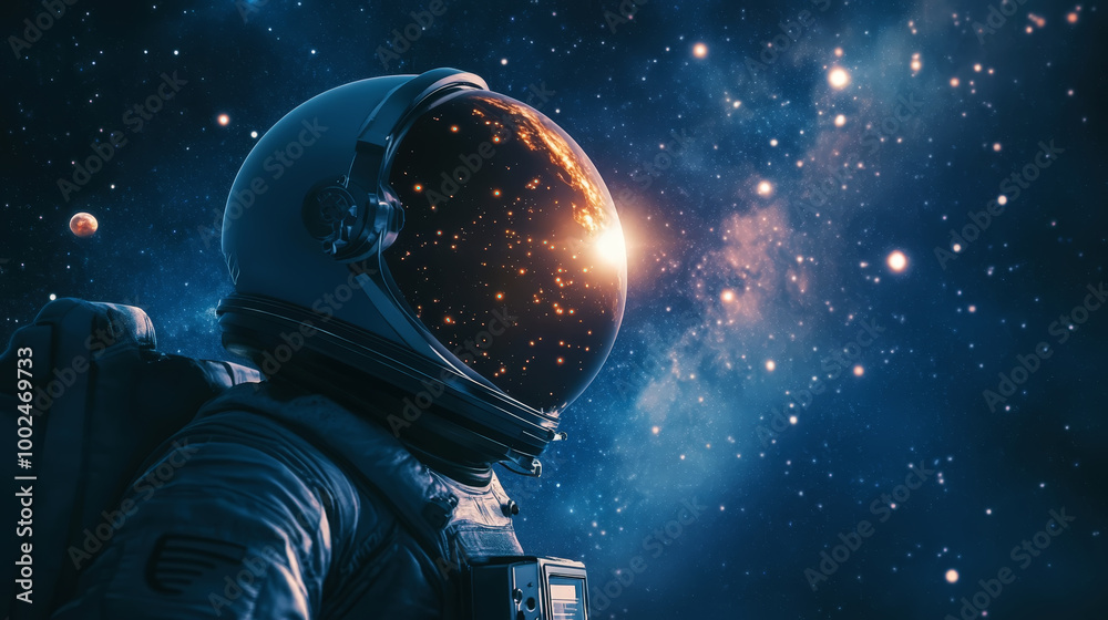 Astronaut in helmet floating in space, side view, open space, milky way, stars and planets background. Generative AI Astronaut in helmet floating in space, side view, open space, milky way, stars and planets background. Generative AI