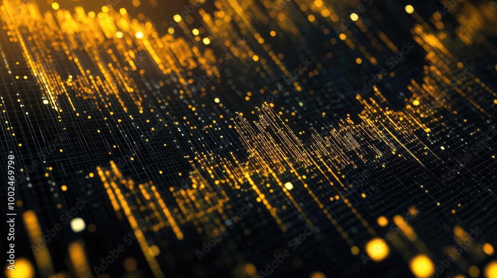 Golden symbols of trade growth create a captivating abstract pattern on a dark backdrop, showcasing financial success in an artistic display Golden symbols of trade growth create a captivating abstract pattern on a dark backdrop, showcasing financial success in an artistic display