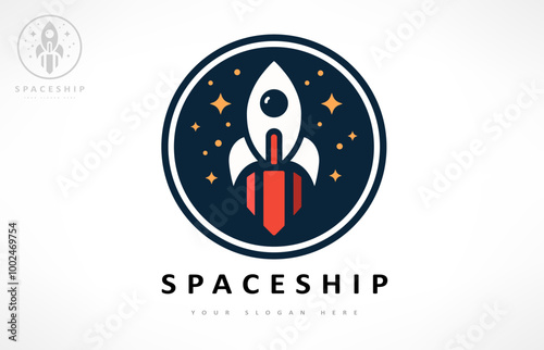 Spaceship in space and stars logo. Design Vector illustration