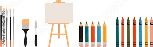 easel, pencils, brushes in flat style, vector