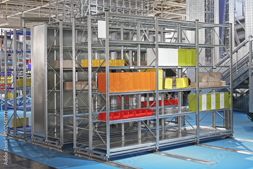 Obraz na płótnie Movable Metal Shelving System in Storage Room Archive Space Saver Warehouse w salonie