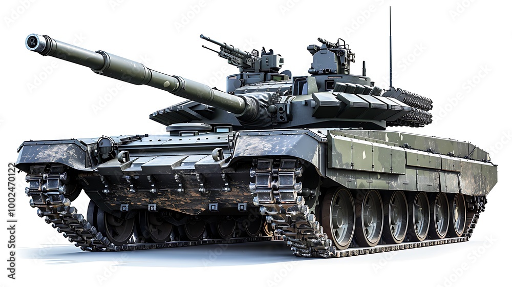 A modern battle tank with detailed armor, turret, and tracks, isolated on a white background. A modern battle tank with detailed armor, turret, and tracks, isolated on a white background.