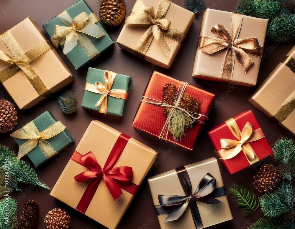 Top view of red, white and green gift boxes with bows for Christmas on dark gray background Top view of red, white and green gift boxes with bows for Christmas on dark gray background