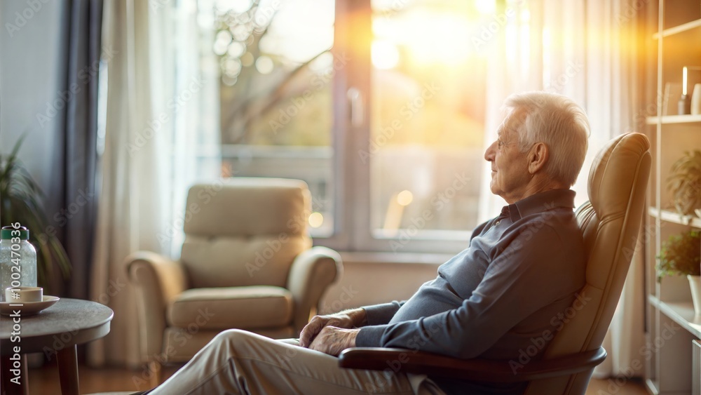 Obraz premium Relaxing retired man sitting on very cozy chair at home interior, side view copy space
