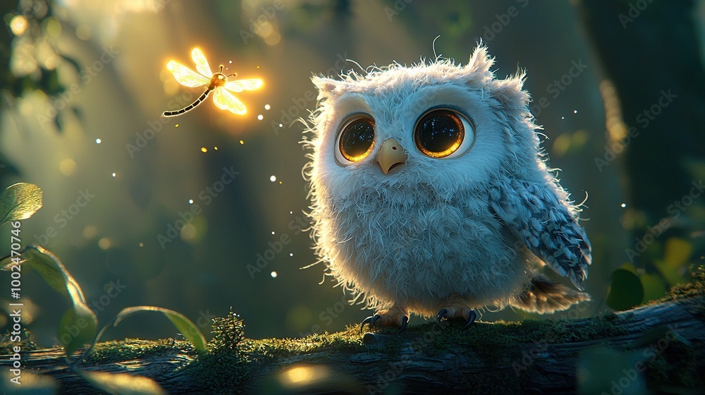   Owl atop tree branch with yellow butterfly overhead in forest