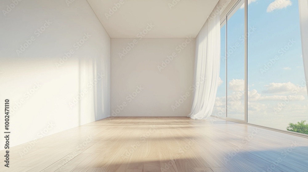 Fototapeta premium White empty room with big window with sun bright andocean landscape view