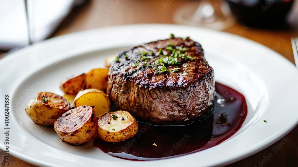 A plate of steak and potatoes with a sauce on top