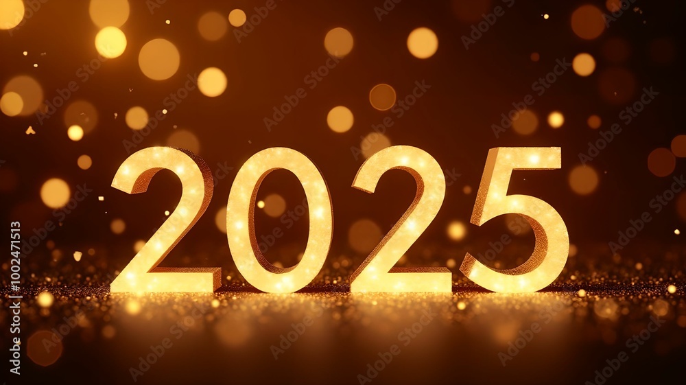 Happy New Year 2025, background with golden bokeh lights and stars. Happy New Year 2025, background with golden bokeh lights and stars.
