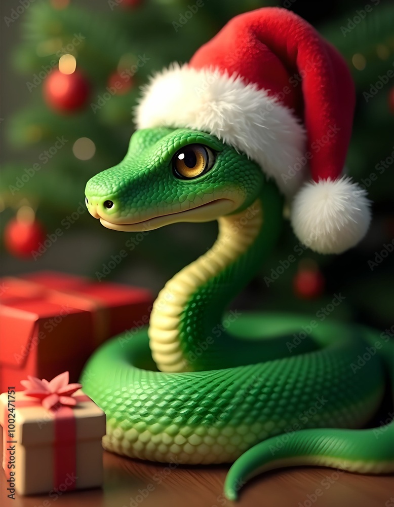 Fototapeta premium Green snake in Santa hat, symbol of Chinese New Year 2025. Computer graphics against background of Christmas trees and gifts.Close up