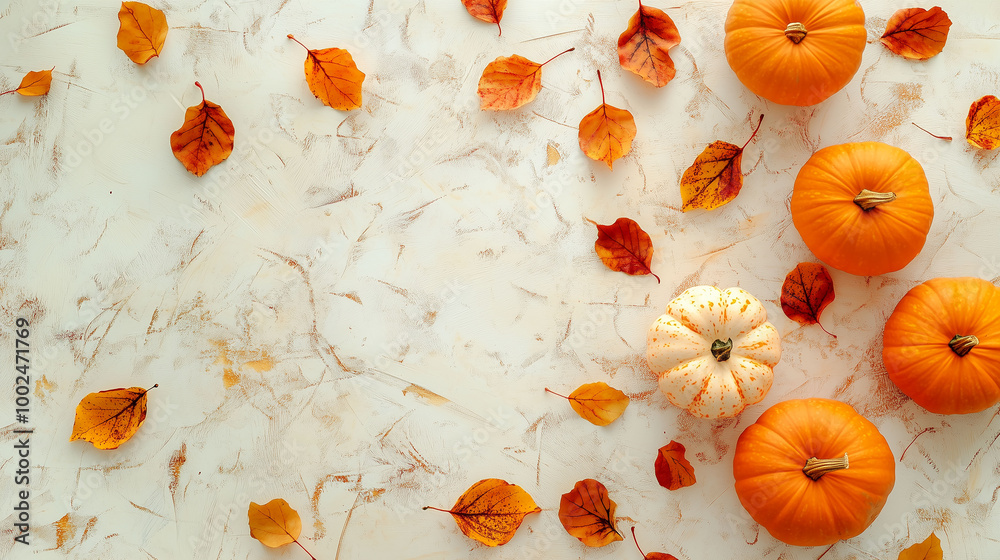 A top-down view of orange pumpkins and scattered fall leaves on a light wooden surface, soft natural lighting