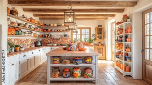 A bright and airy kitchen with rustic wooden beams
