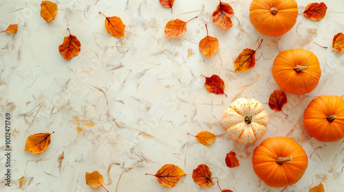 Obraz na płótnie A top-down view of orange pumpkins and scattered fall leaves on a light wooden surface, soft natural lighting w salonie
