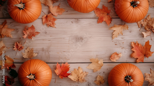 Obraz na płótnie A top-down view of orange pumpkins and scattered fall leaves on a light wooden surface, soft natural lighting w salonie