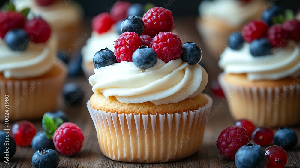 Close-up of cupcakes with textured cream cheese frosting and fresh berries, rustic wooden background for a homemade feel, cupcakes, organic dessert photography