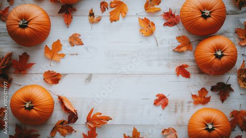 Obraz na płótnie A top-down view of orange pumpkins and scattered fall leaves on a light wooden surface, soft natural lighting w salonie