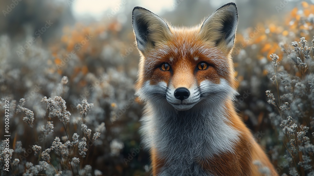 Fototapeta premium Close up wild fox on mossy rock. Natural forest habitat with beast of prey.