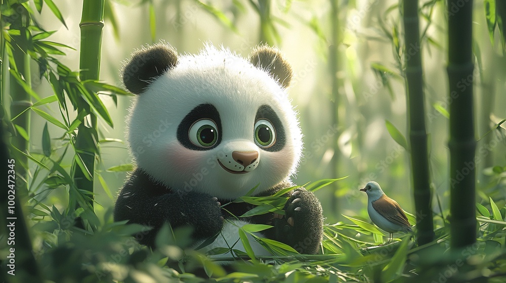 In the heart of a verdant bamboo grove, a majestic panda sits atop a stalk, while a bird gracefully rests above In the heart of a verdant bamboo grove, a majestic panda sits atop a stalk, while a bird gracefully rests above
