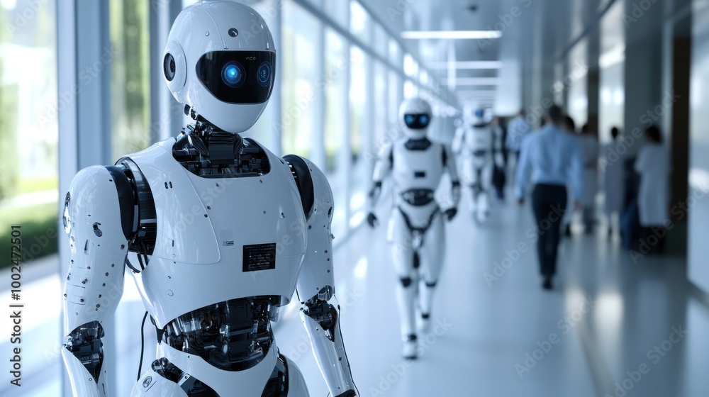 Robots working in harmony with humans in a modern capital, providing support in hospitals, schools, and public transport Robots working in harmony with humans in a modern capital, providing support in hospitals, schools, and public transport