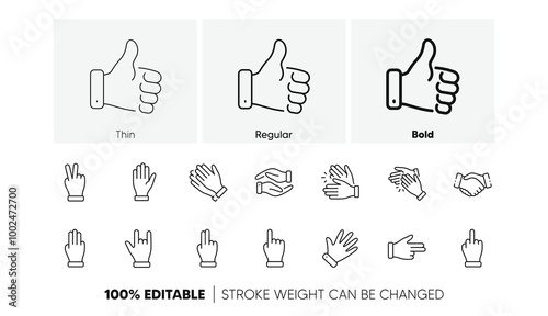Handshake, Clapping hands, Victory. Hand gestures line icons. Horns, Thumb up finger, drag and drop icons. Donation hand gestures, middle finger, helping hand. Linear set. Line icons set. Vector