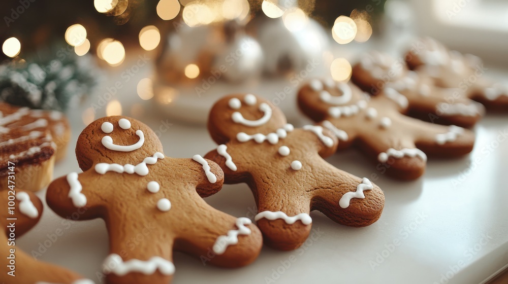 Festive gingerbread men decorated with icing, on a kitchen counter with Christmas lights in the background, copy space, Merry Christmas background, holiday baking, seasonal treats promotion.