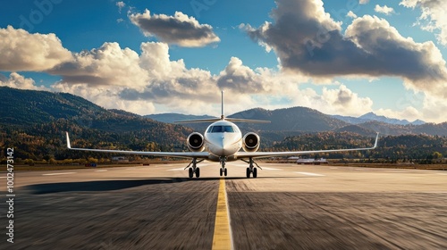 Business jet on the runway with mountains and clouds in the background, showcasing luxury travel. photo