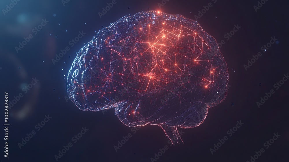 A brain with red and blue lines is shown in a dark background A brain with red and blue lines is shown in a dark background