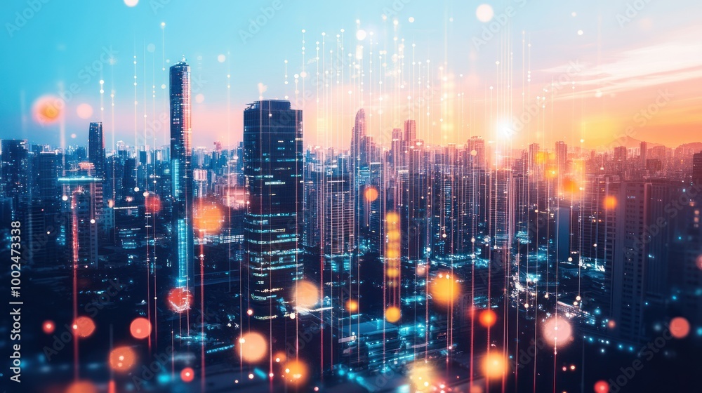 Cityscape with Abstract Digital Network Overlay at Sunset Cityscape with Abstract Digital Network Overlay at Sunset