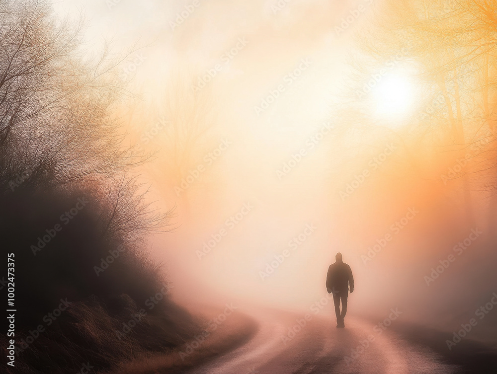 Fototapeta premium A solitary figure walks down a misty path at dawn, surrounded by ethereal light and tranquility