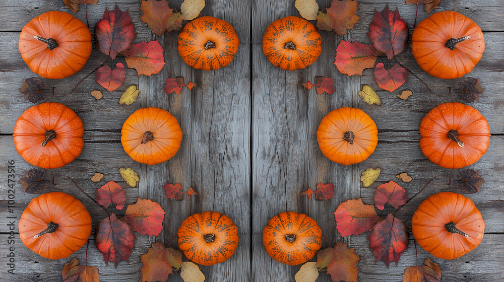 A symmetrical display of pumpkins and scattered fall leaves on a wooden plank background