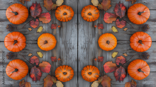 Obraz na płótnie A symmetrical display of pumpkins and scattered fall leaves on a wooden plank background w salonie