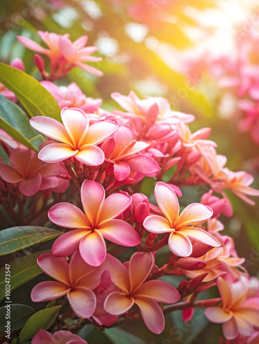 Vibrant Pink Plumeria Cluster with a Dreamy Blurred Garden