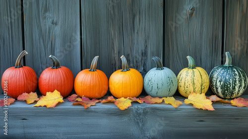 Obraz na płótnie A colorful display of pumpkins, pumpkins and leaves sitting in a row on wooden background w salonie