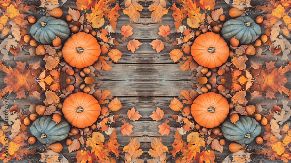 A symmetrical display of pumpkins and scattered fall leaves on a wooden plank background