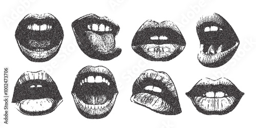 Vector open mouths screaming and smiling lips. Trendy retro photocopy grain effect. Modern stipple dots texture for design art. 