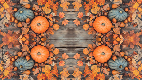Obraz na płótnie A symmetrical display of pumpkins and scattered fall leaves on a wooden plank background w salonie