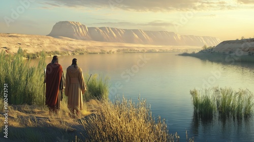 Moses and Aaron on the banks of the Egyptian river in the morning watching the Pharaoh coming. photo