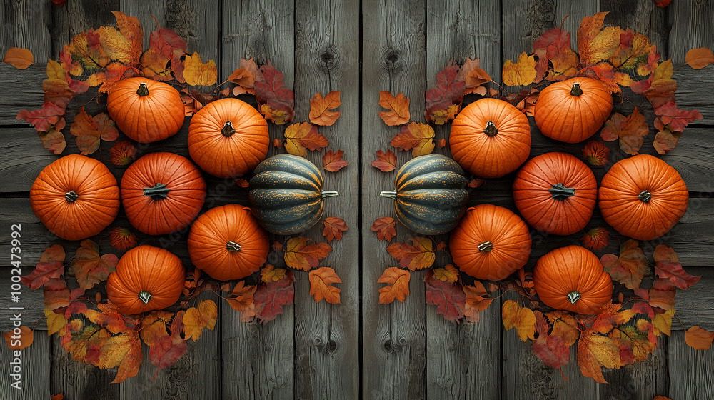 A symmetrical display of pumpkins and scattered fall leaves on a wooden plank background