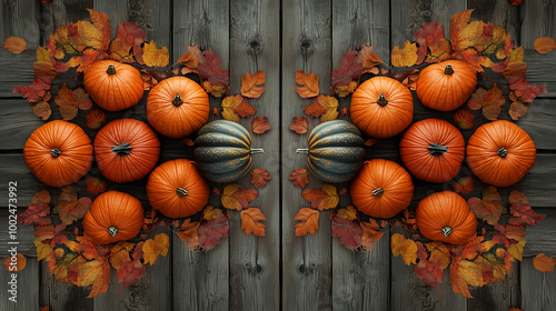 Obraz na płótnie A symmetrical display of pumpkins and scattered fall leaves on a wooden plank background w salonie