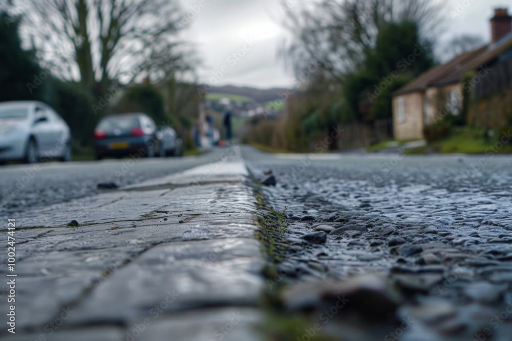 View of a rainy street with puddles and cars parked alongside in a rural area View of a rainy street with puddles and cars parked alongside in a rural area