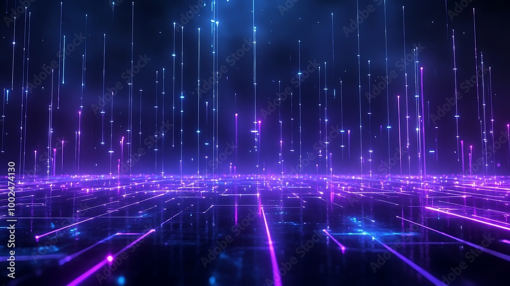 A futuristic digital landscape with purple and blue lights creating an immersive atmosphere of innovation. A futuristic digital landscape with purple and blue lights creating an immersive atmosphere of innovation.