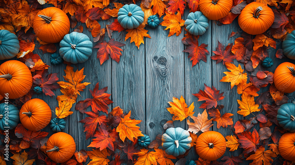 A symmetrical display of pumpkins and scattered fall leaves on a wooden plank background