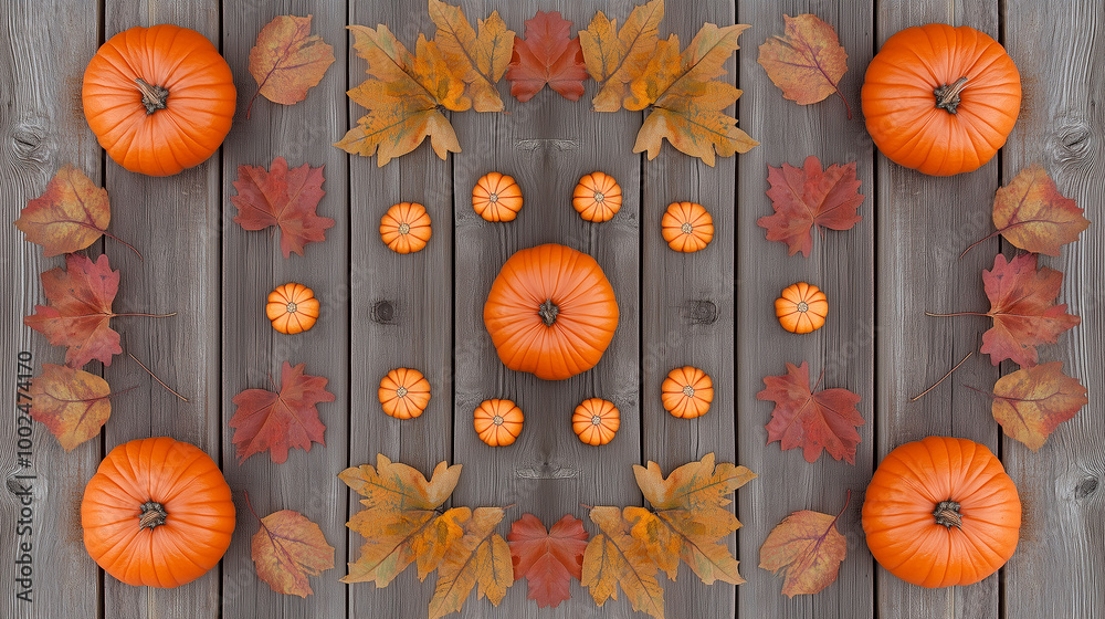 A symmetrical display of pumpkins and scattered fall leaves on a wooden plank background