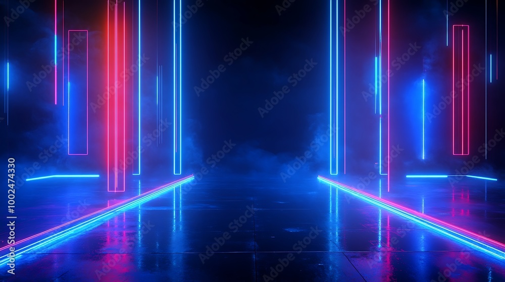 A futuristic neon light tunnel with vibrant blue and red illuminations against a dark backdrop. A futuristic neon light tunnel with vibrant blue and red illuminations against a dark backdrop.