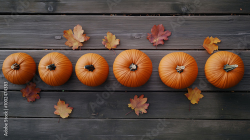 Obraz na płótnie A row of orange pumpkins arranged neatly on a rustic wooden background with scattered autumn leaves w salonie